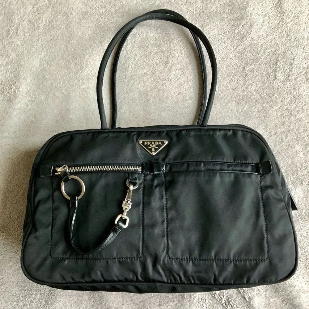 Vintage Prada Tessuto Black Nylon Front Zipper Pocket Mini Boston Bag